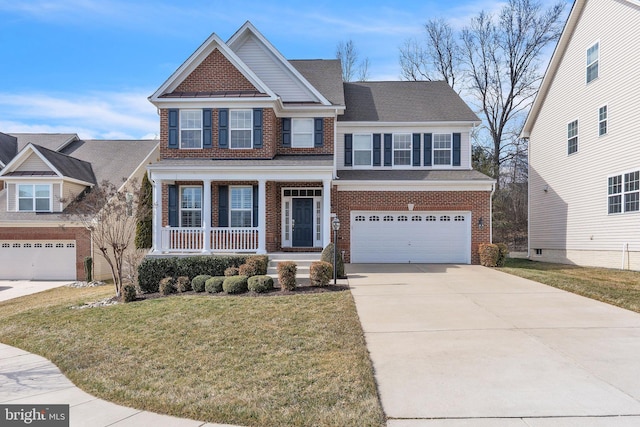 craftsman-style house with an attached garage, covered porch, brick siding, concrete driveway, and a front yard