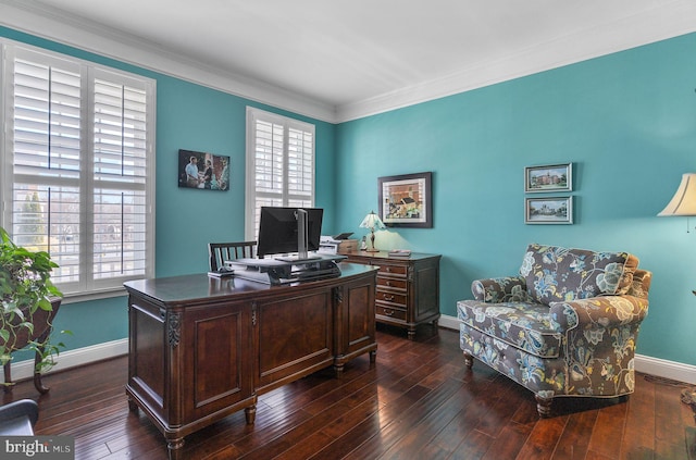 office area with dark wood-style flooring, plenty of natural light, and baseboards