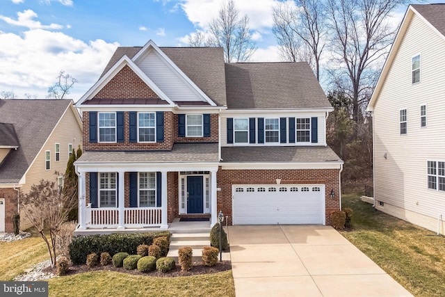 view of front of home with brick siding, roof with shingles, a porch, concrete driveway, and a garage