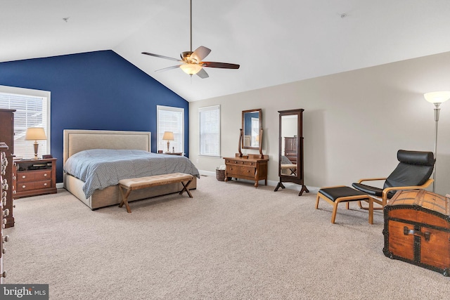 bedroom with lofted ceiling, baseboards, carpet floors, and ceiling fan