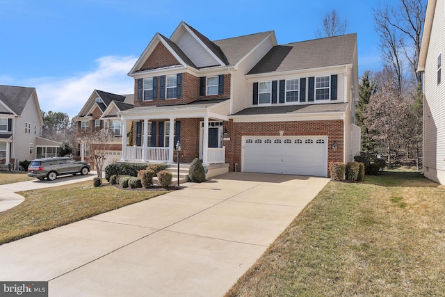 craftsman-style house featuring brick siding, a porch, an attached garage, driveway, and a front lawn