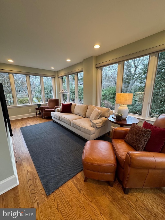 living room featuring baseboards, wood finished floors, and recessed lighting