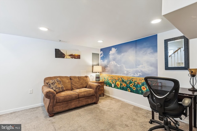 carpeted home office with visible vents, recessed lighting, and baseboards