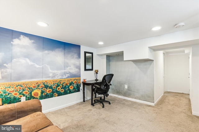 carpeted office with recessed lighting and baseboards