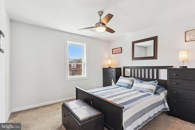 bedroom featuring carpet flooring, ceiling fan, and baseboards