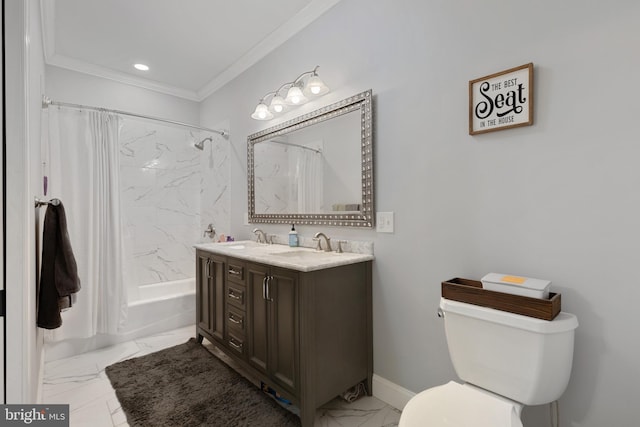 bathroom featuring a sink, toilet, marble finish floor, and crown molding