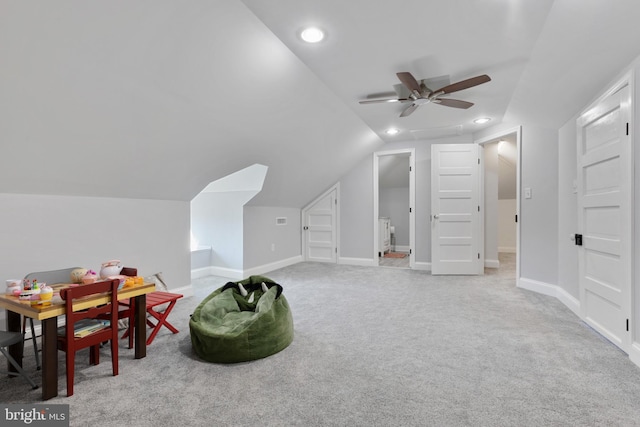 game room with lofted ceiling, recessed lighting, carpet, and ceiling fan