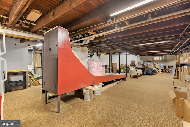 unfinished basement featuring carpet flooring