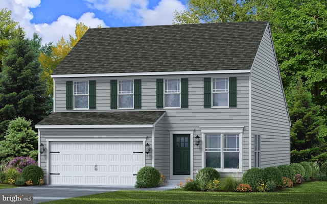 view of front of property with a garage, concrete driveway, and roof with shingles