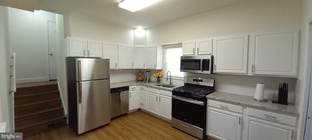 kitchen with a sink, white cabinetry, and stainless steel appliances