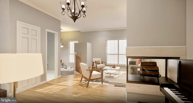 living area with plenty of natural light, a fireplace, crown molding, and wood finished floors