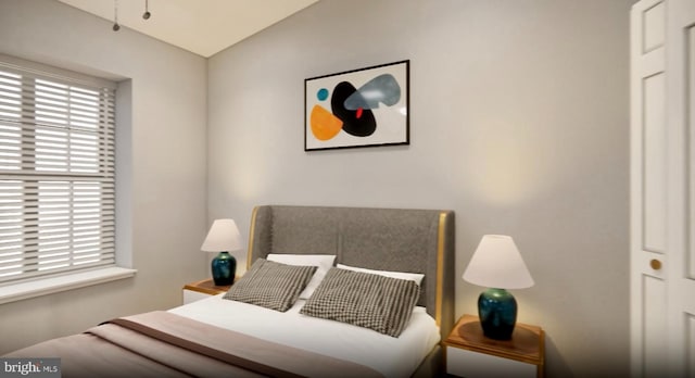 bedroom featuring lofted ceiling and multiple windows