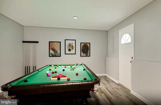 rec room with billiards, baseboards, and wood finished floors