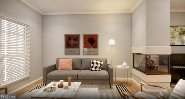 living area featuring ornamental molding, baseboards, and wood finished floors