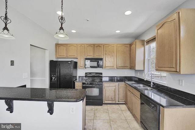 kitchen with pendant lighting, light tile patterned floors, a sink, black appliances, and a kitchen bar