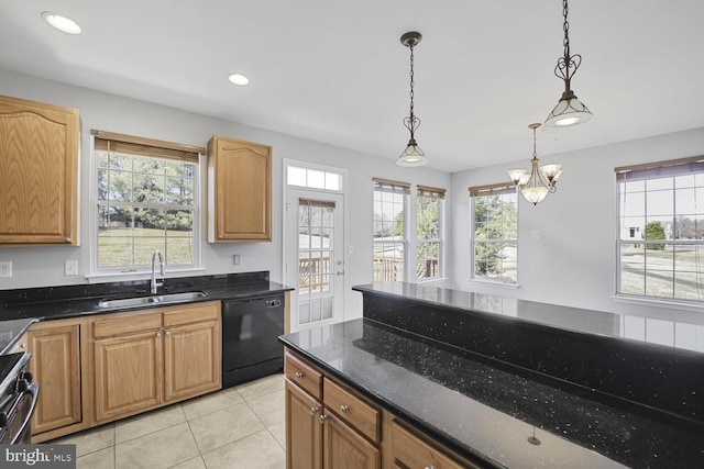 kitchen with hanging light fixtures, light tile patterned flooring, a sink, dark stone countertops, and dishwasher