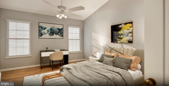 bedroom with vaulted ceiling, ceiling fan, wood finished floors, and baseboards