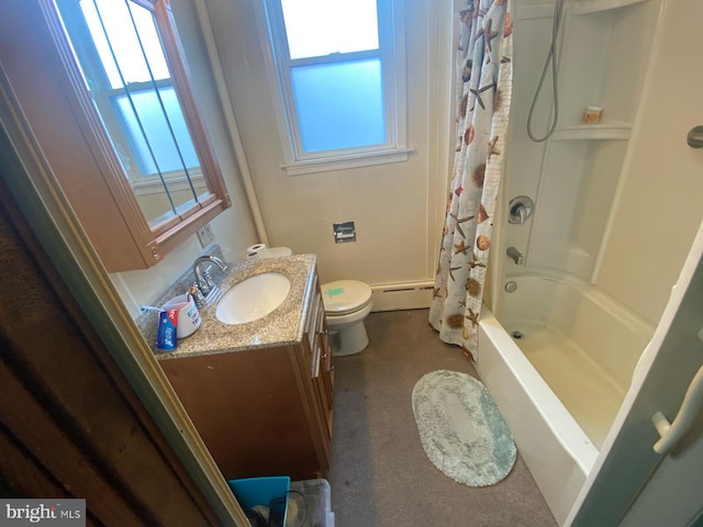 full bath featuring a baseboard heating unit, toilet, vanity, and shower / tub combo