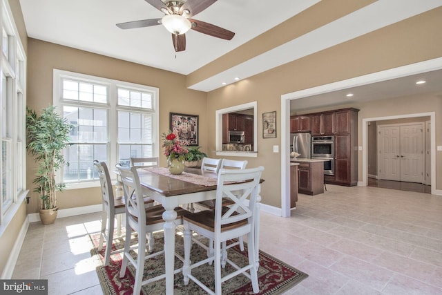 dining room with recessed lighting, a ceiling fan, baseboards, and light tile patterned floors