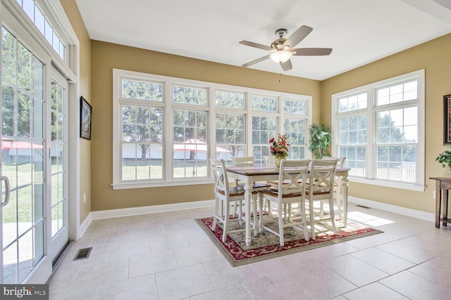 sunroom featuring visible vents and ceiling fan