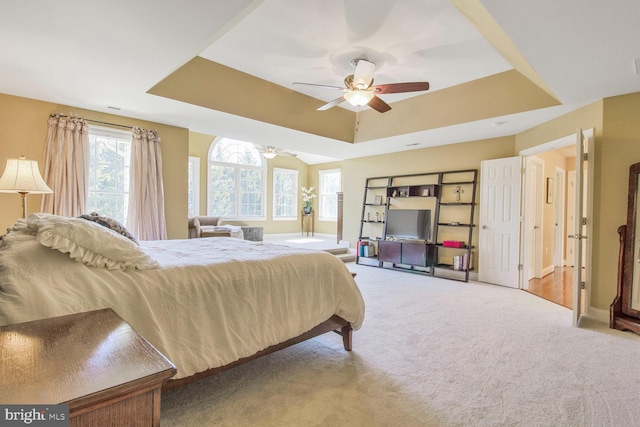 carpeted bedroom featuring ceiling fan, baseboards, and a tray ceiling