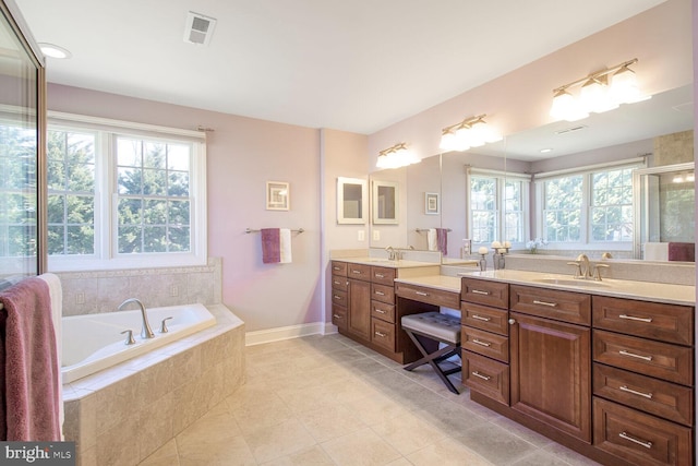 bathroom featuring tile patterned flooring, visible vents, a bath, an enclosed shower, and vanity