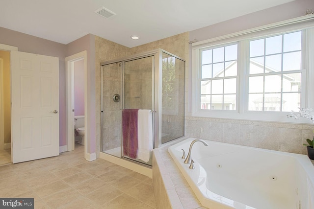 full bathroom with visible vents, a stall shower, tile patterned flooring, a jetted tub, and toilet