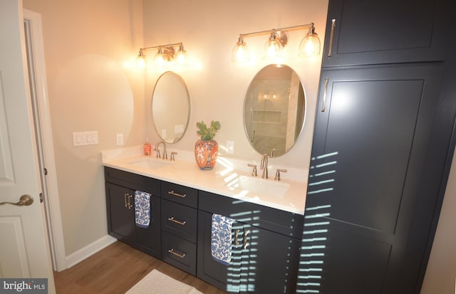 bathroom featuring double vanity, a sink, baseboards, and wood finished floors