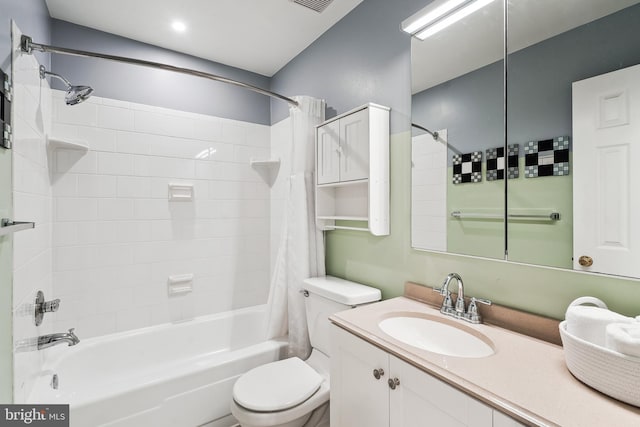 bathroom featuring visible vents, shower / tub combo, vanity, and toilet