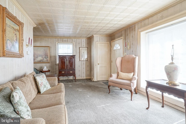 carpeted living area with an ornate ceiling and ornamental molding