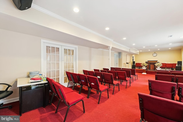 interior space featuring carpet flooring, visible vents, ornamental molding, and recessed lighting