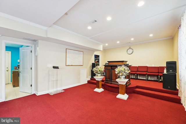 living area featuring visible vents, crown molding, baseboards, recessed lighting, and carpet floors