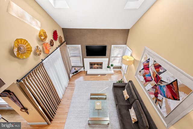 living area featuring a skylight, a glass covered fireplace, and wood finished floors