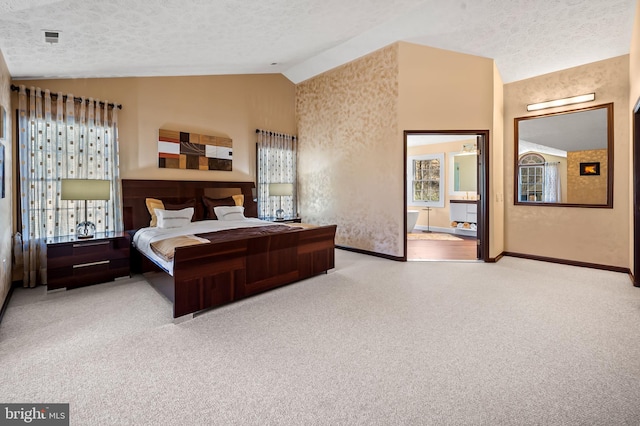 bedroom featuring carpet floors, vaulted ceiling, a textured ceiling, and baseboards