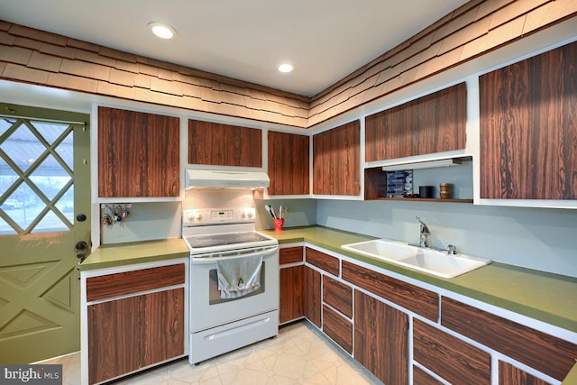 kitchen with white electric range oven, open shelves, a sink, light countertops, and under cabinet range hood