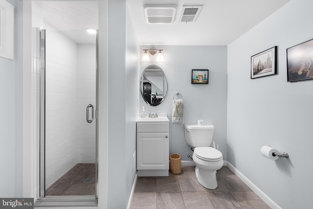 bathroom featuring toilet, a stall shower, visible vents, and vanity