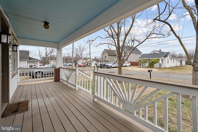 wooden terrace featuring covered porch and a residential view