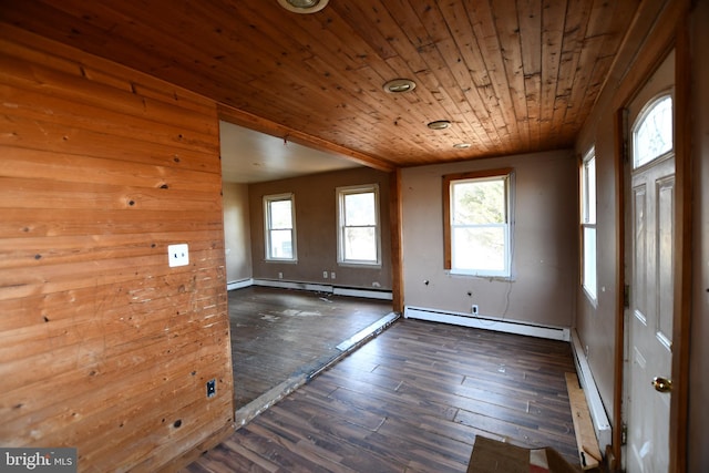 interior space featuring wood ceiling, a baseboard heating unit, and wood-type flooring