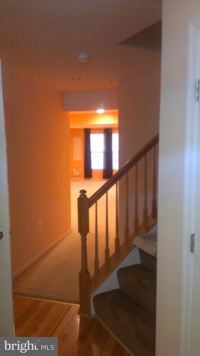 stairs with baseboards and wood finished floors