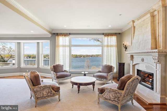 1900 Carrollton Rd, Annapolis, MD 21409 - living area with ornamental molding, a healthy amount of sunlight, and a fireplace
