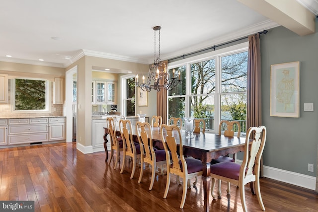 1900 Carrollton Rd, Annapolis, MD 21409 - dining area featuring an inviting chandelier, ornamental molding, baseboards, dark wood-style floors, and recessed lighting