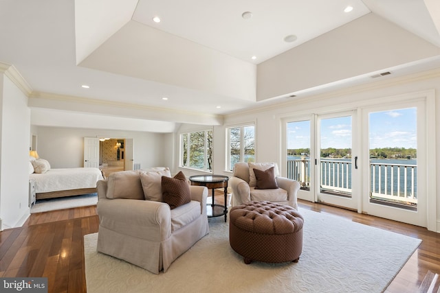 1900 Carrollton Rd, Annapolis, MD 21409 - bedroom with wood-type flooring, ornamental molding, visible vents, access to exterior, and recessed lighting