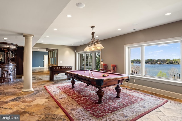 1900 Carrollton Rd, Annapolis, MD 21409 - rec room featuring billiards, decorative columns, baseboards, stone tile flooring, and recessed lighting