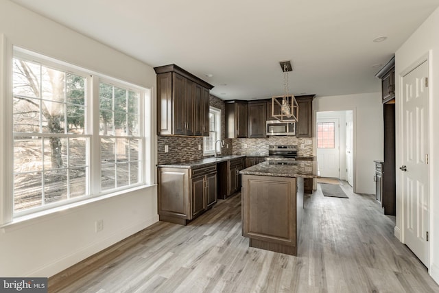 kitchen with a center island, light wood finished floors, backsplash, appliances with stainless steel finishes, and a sink