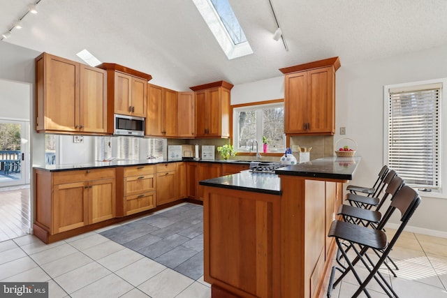 kitchen featuring a peninsula, stainless steel microwave, a healthy amount of sunlight, and lofted ceiling with skylight