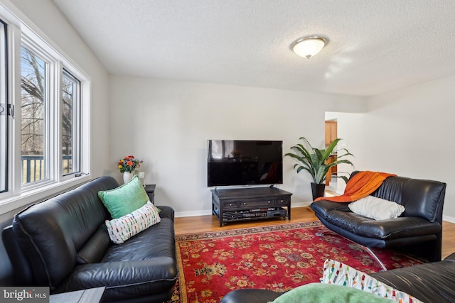 living area featuring a textured ceiling, baseboards, and wood finished floors