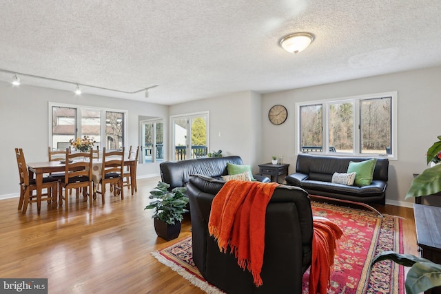 living area with baseboards, a textured ceiling, and wood finished floors