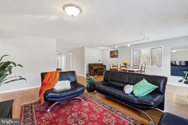 living area featuring baseboards, a textured ceiling, wood finished floors, and rail lighting