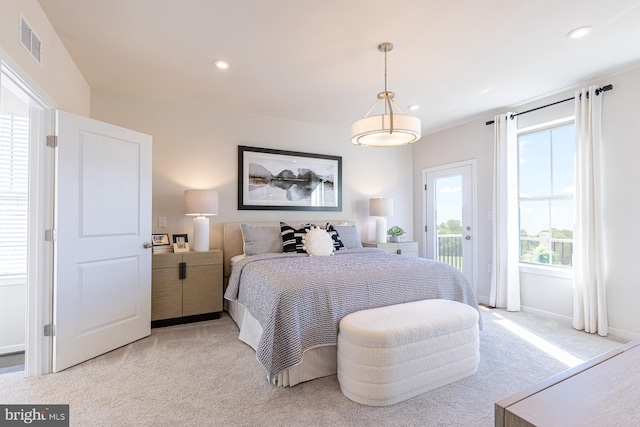 bedroom featuring visible vents, baseboards, light colored carpet, access to exterior, and recessed lighting