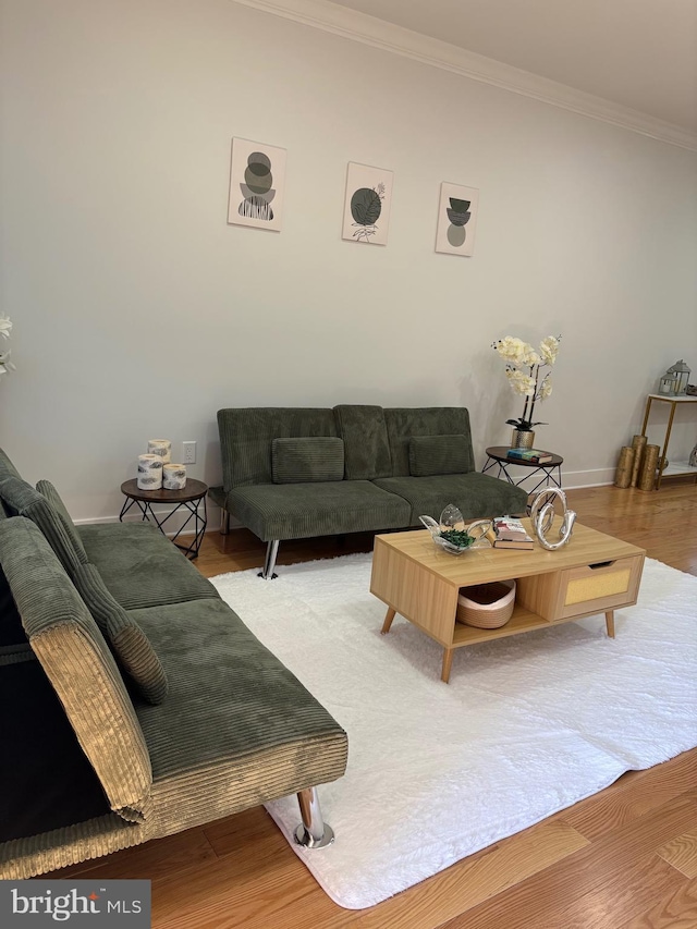 living room with baseboards, ornamental molding, and wood finished floors